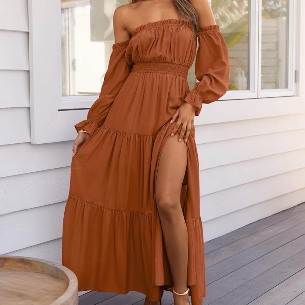 Off-Shoulder Maxi Dress in Rust with Side Slit